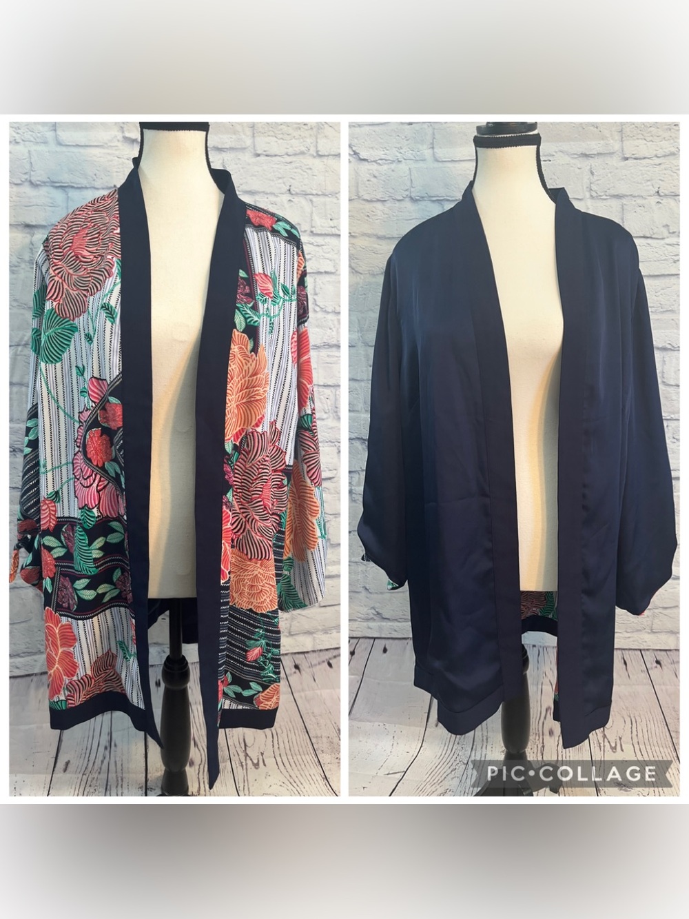 Chico’s Reversible Kimono Duster Floral/Solid Navy Chicos 3 XL Open Front Boho